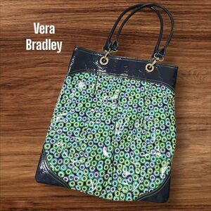 Vera Bradley Green and Blue Daisy Floral Patent Leather Tote Bag